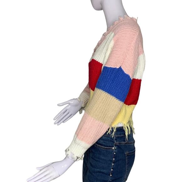 Crop Top Sweater Color Block Red Blue White Yellow Pink V-Neck Size S - Picture 6 of 9